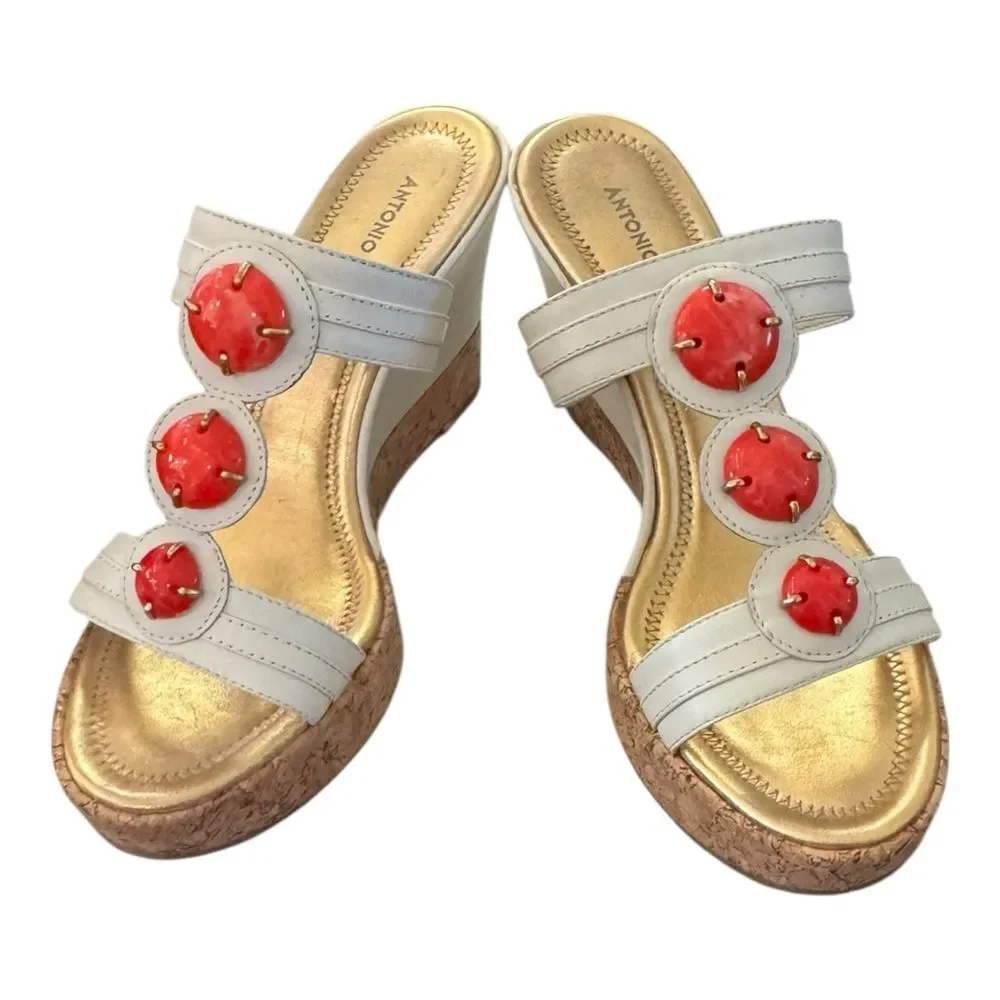 Antonio Melani Leather Cream Cork Coral Jewelled Slide Wedge Sandals 8.5